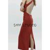 Spring New Women's Clothing French Style Ruched Decorative Back Cross Hanging Collar Midi Skirt Dress 2318262