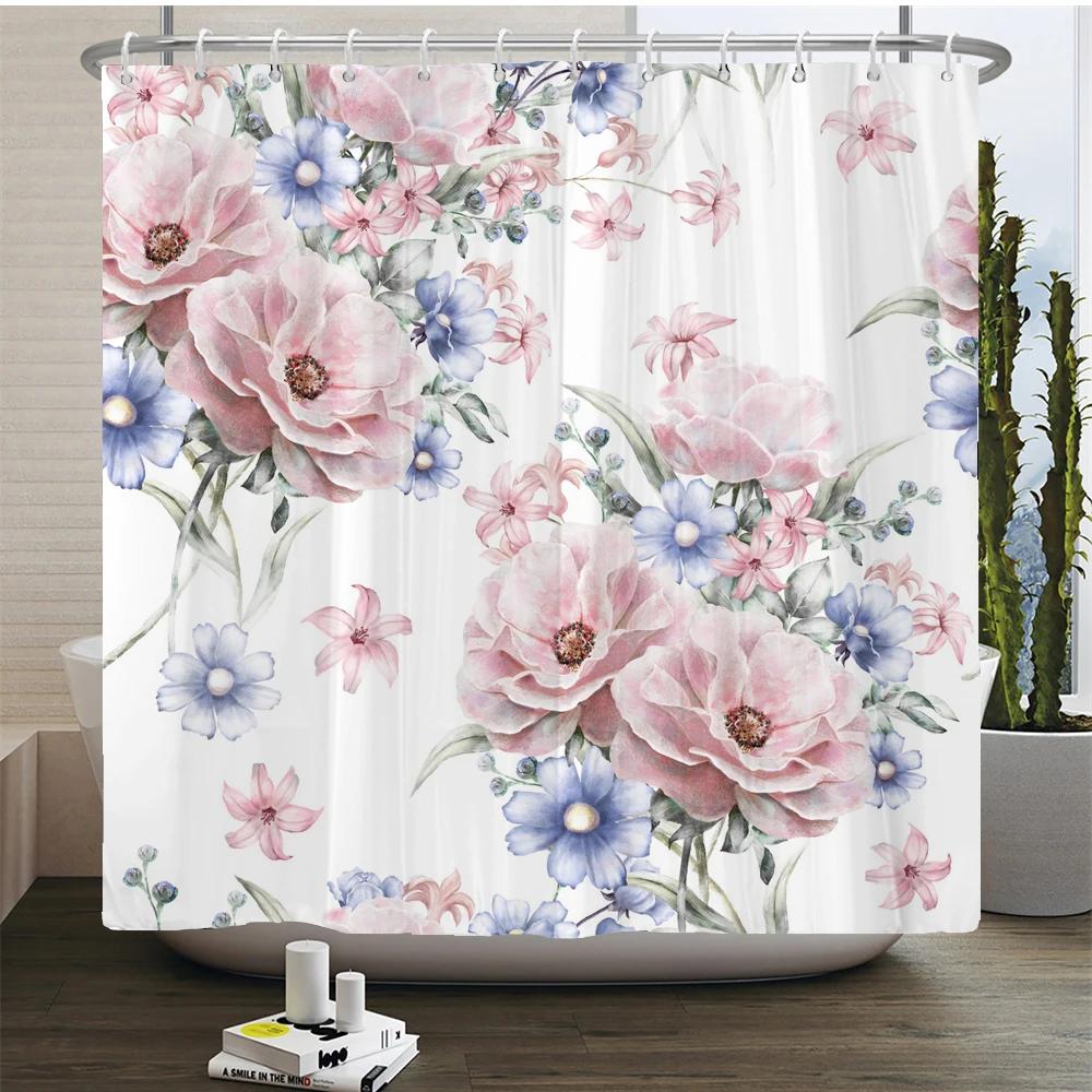 Elegant Flowers Shower Curtain 180x180cm Floral Printed Shower Curtain Polyester Bath Curtain Bathroom Decor Washable With Hooks