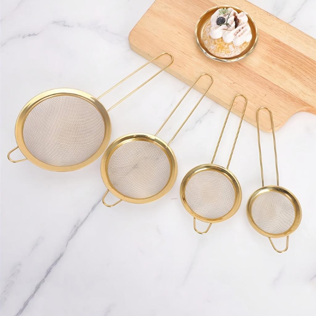 3pcs Gold-colored Fine Mesh Flour Sieve Kitchen Skimmer Baking Tool Kitchen Accessories Kitchen Tools, Restaurant Tools