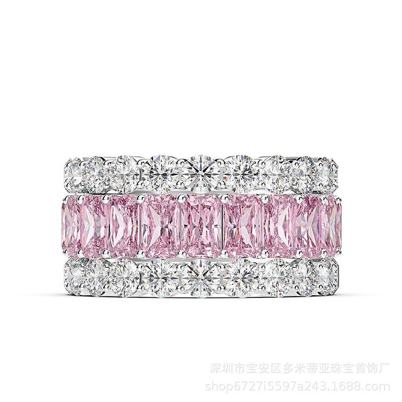 Three-color Fashion Personality Exaggerated Design Ring Female Tide Dance Ring Niche T Square Diamond Colored Zircon