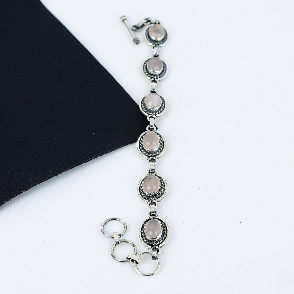Natural Rose Quartz Gemstone Handmade 925 Sterling Silver Bracelet, Rose Quartz Bracelet For Wife , Unisex Bracelet, Party Wear Gift
