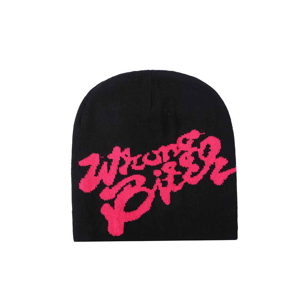 

Cross-border Punk Knitted Wool Beanie with Trendy Letter Jacquard - European & American Autumn/Winter Warmth Hat 22*24 cm ±2 cm