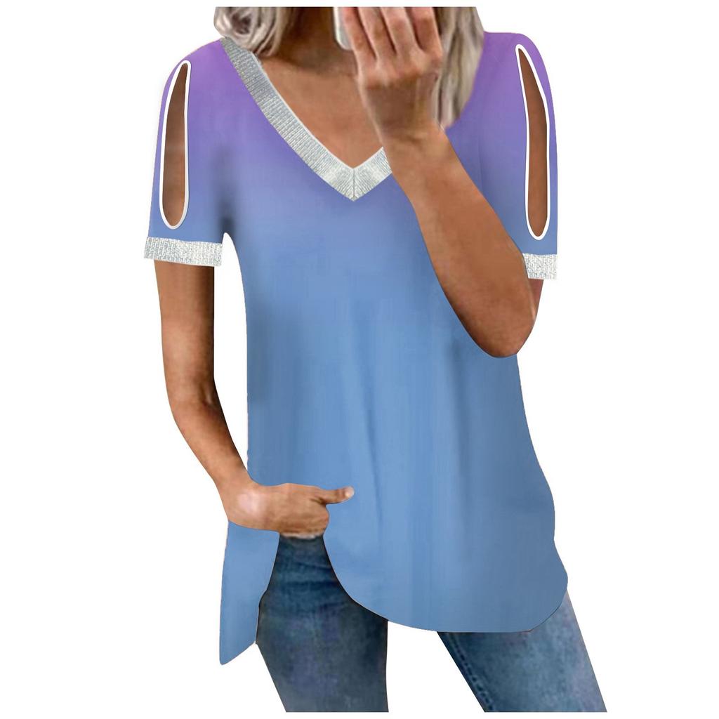Women's Summer Loose T-shirt Gradient Color Printed Casual V-neck Sequin Short-sleeved Top