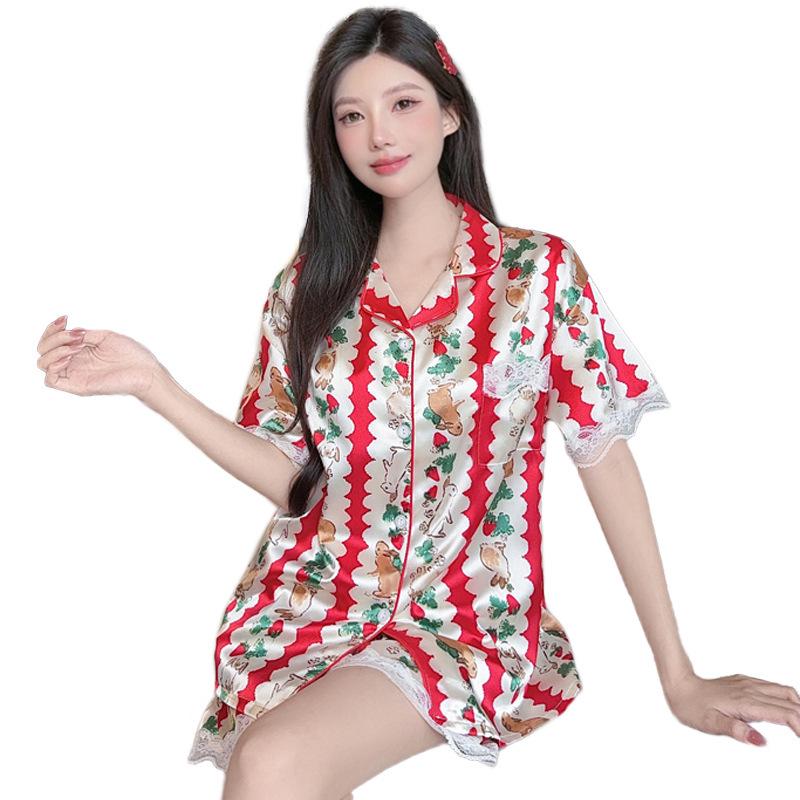 Sweet Strawberry Bunny Christmas Style Women's Ice Silk Pajamas Set: Short Sleeve Summer Homewear