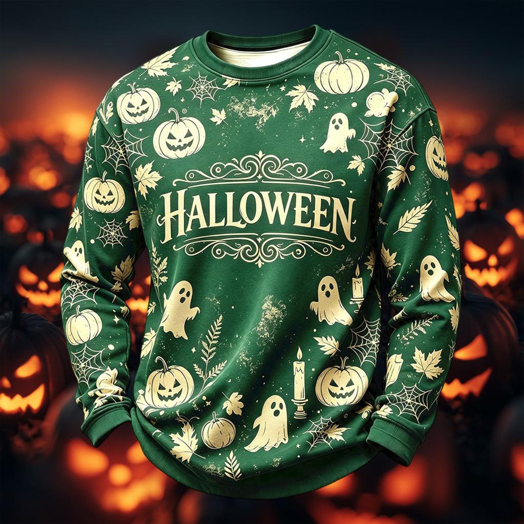 Men's Casual Round Neck Long Sleeve Top with Halloween Print