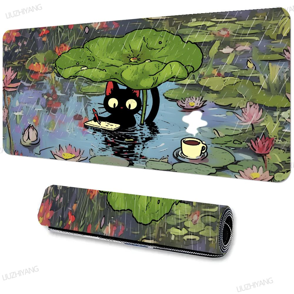 Cute Black Cat Forest Large Desk Mat Cartoon Animal Green Nature Scene Xxl Mouse Pad NonSlip Lock Edge Keyboard Mat