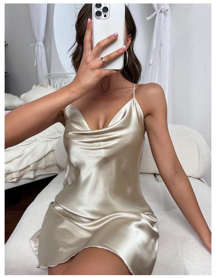 Sexy V-Neck Crisscross Strappy Backless Summer Pajama Dress for Women - Solid Color, Imitation Silk