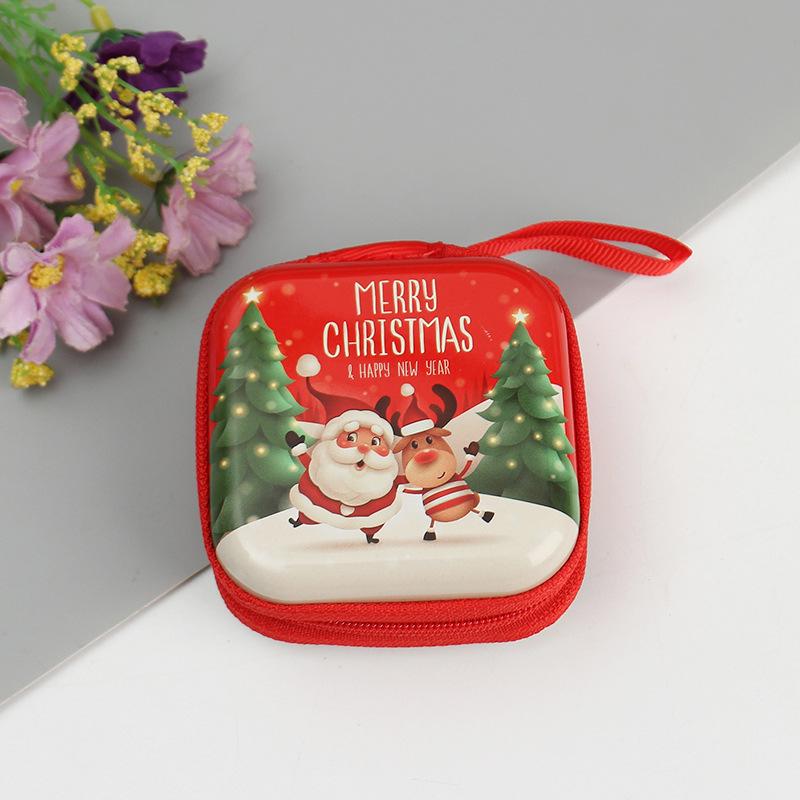Square Christmas Zipper Tinplate Coin Purse and Key/Earphone/Data Cable Storage Box