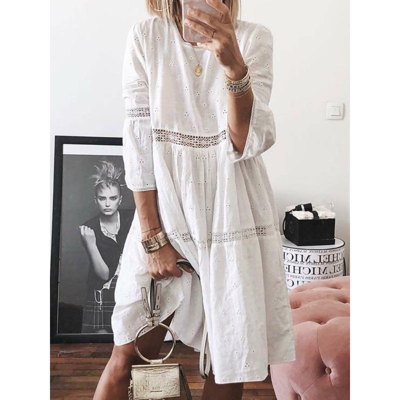 women s Eyelet Embroidery Lace Patchwork Half Sleeve Loose Casual Midi Dress Plus Size S белый