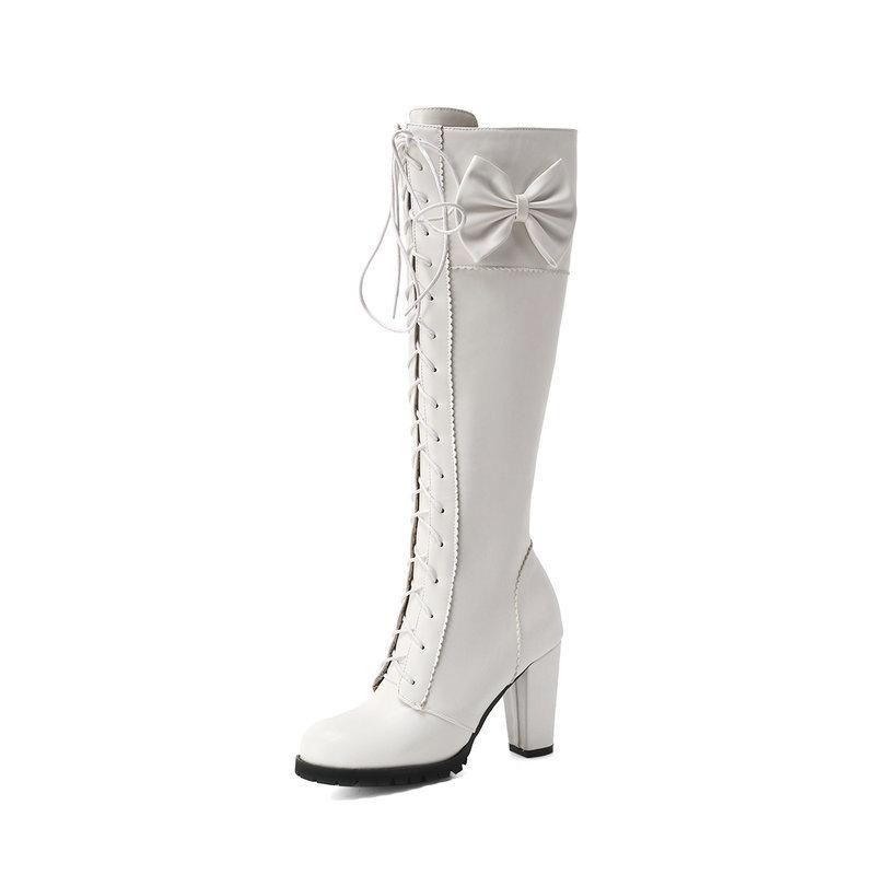 Fashion Girls Lolita Knee High Boots Female Chunky Heel Winter Shoes Lace Up Bow Japanese JK Uniform Cosplay Princess Party Shoe