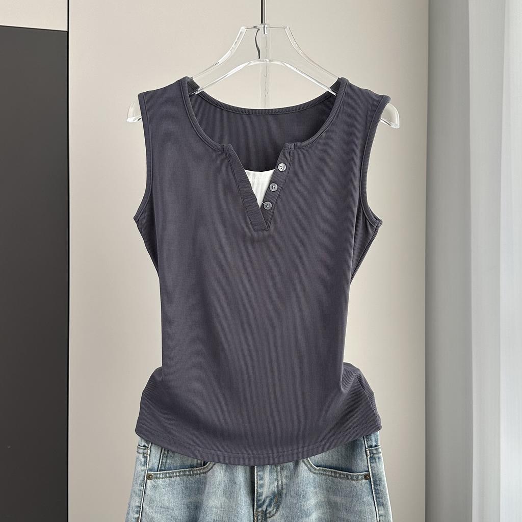 Fake Two-Piece Sleeveless Tank Top Casual Slim Fit Button Decor Summer Top Versatile Breathable Soft Material Flattering Slim Women Top