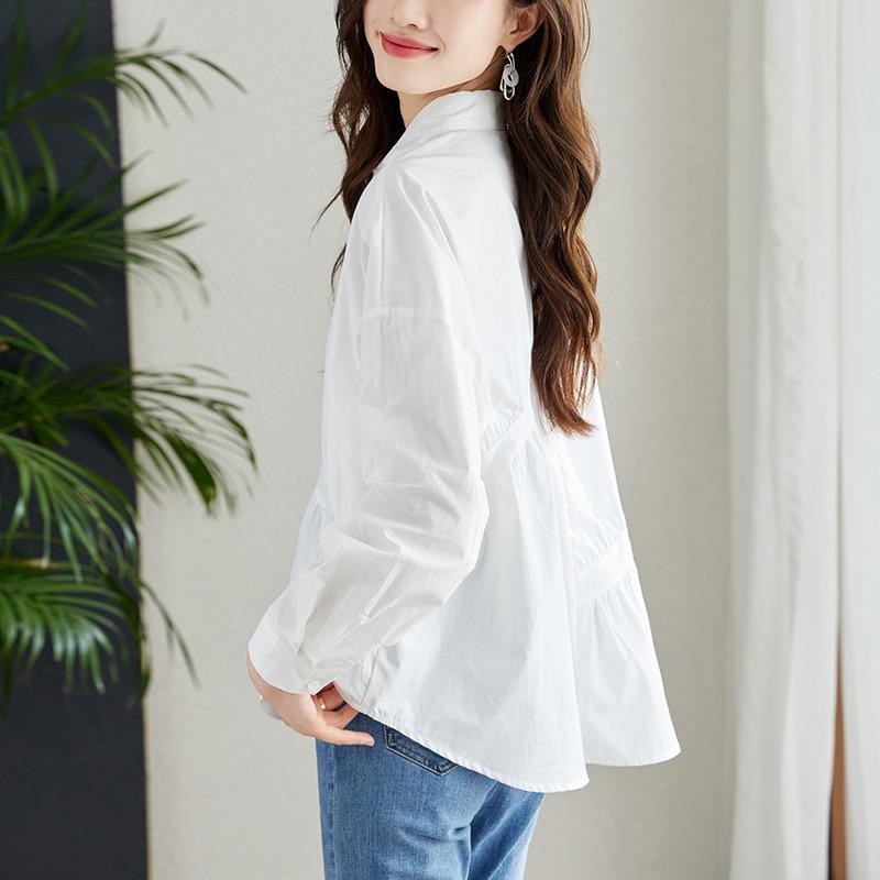 Asymmetric Pleated White Shirt Women's Long-sleeved New Loose Commuting Temperament Pure Cotton Top
