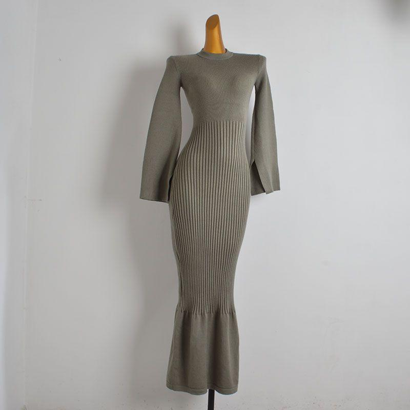 Export Single Sexy round-Neck Flared Sleeves Knitting Dress Women's Clothing Spring & Fall Winter Silm Thin Over the Knee Fishtail Dress