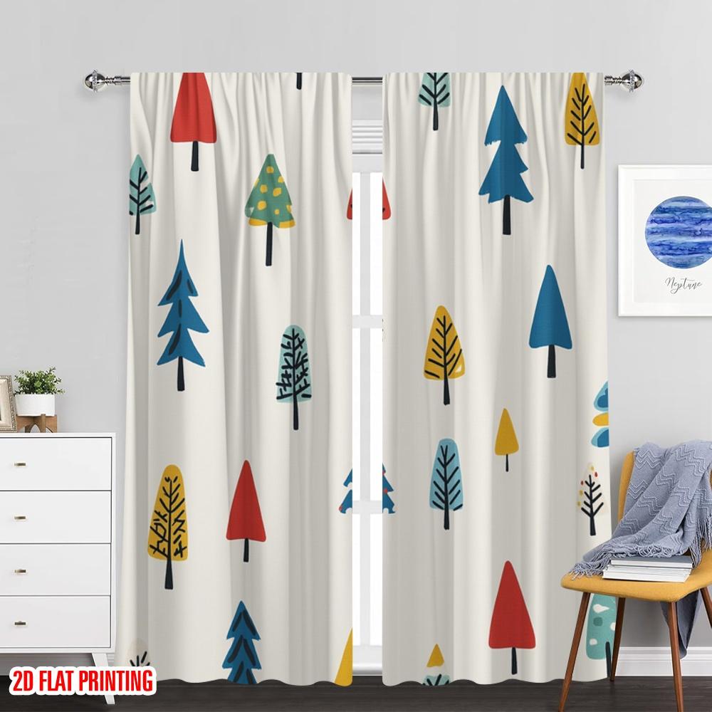 Set Of 2 Plane Printing Popular Curtains Christmas Trees Festive Holiday Versatile Fabric Without Rod Decorations Inside Curtain Polyester