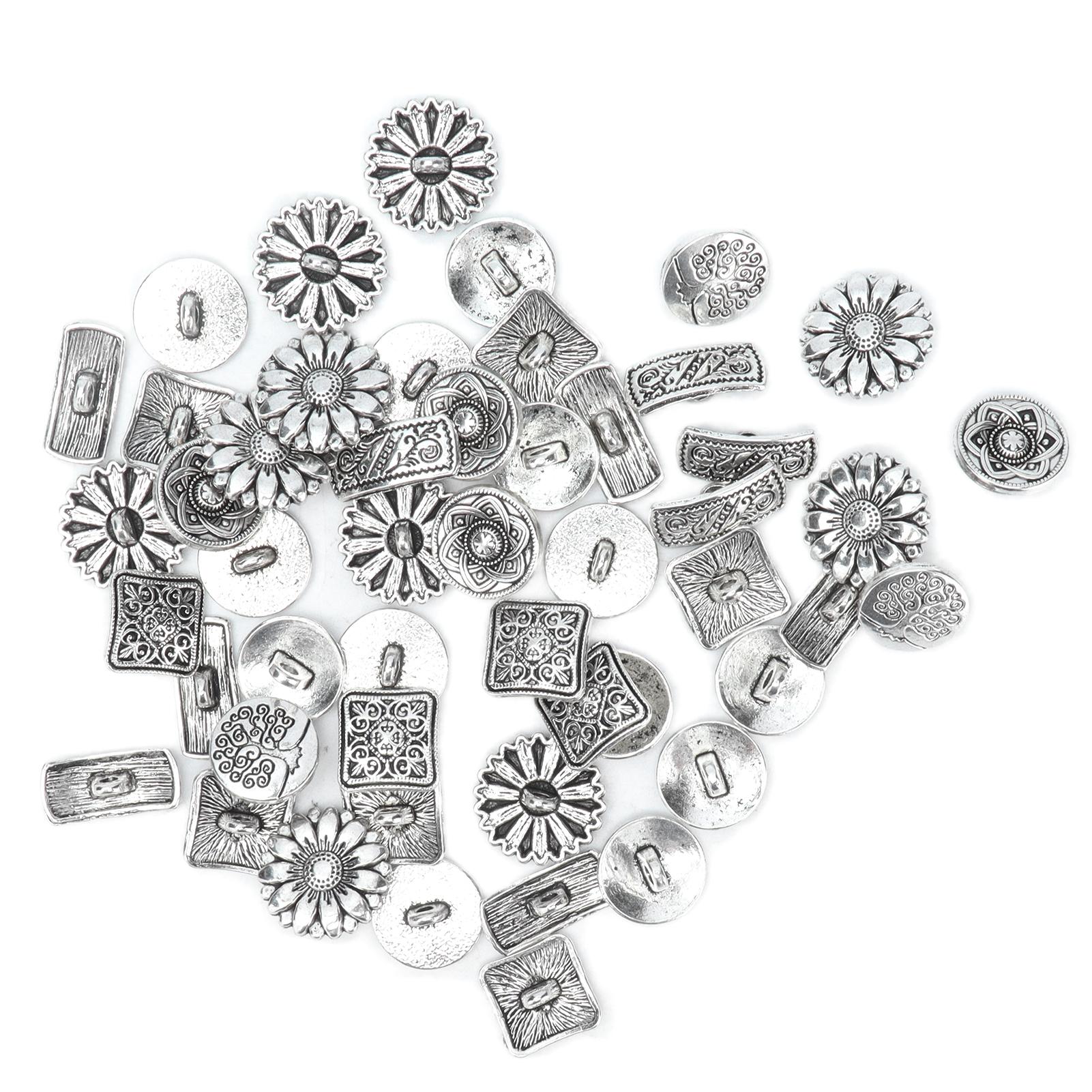 

50Pcs Button Mixed Antique Silver Round Tetragonum Flower Shape Retro Creativity Clothing Accessories