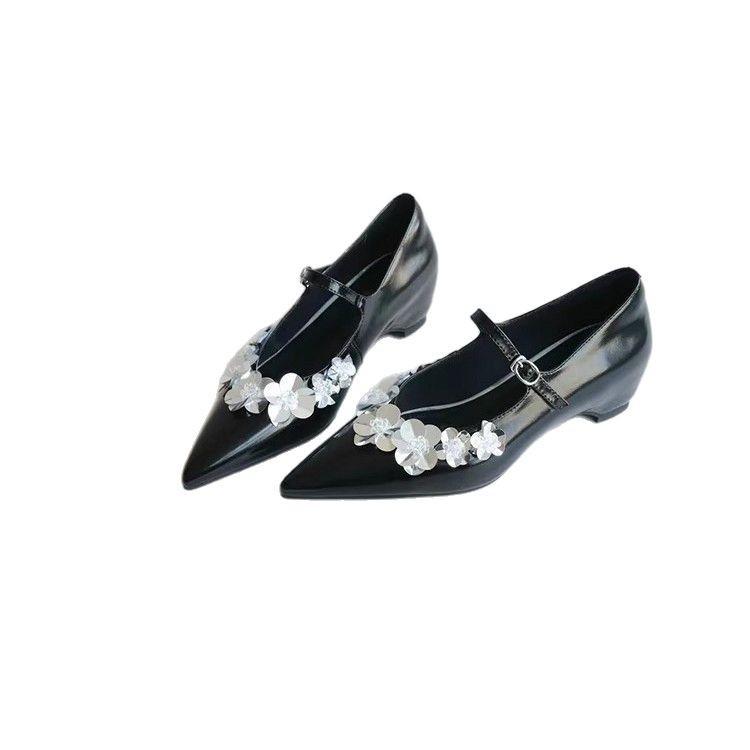 Fashion New Pointed Toe Sequin Flower Mary Jane Women's Shoes One Buckle Strap Shallow Mouth Inside Heighten Soft Sole Flat Single Shoes