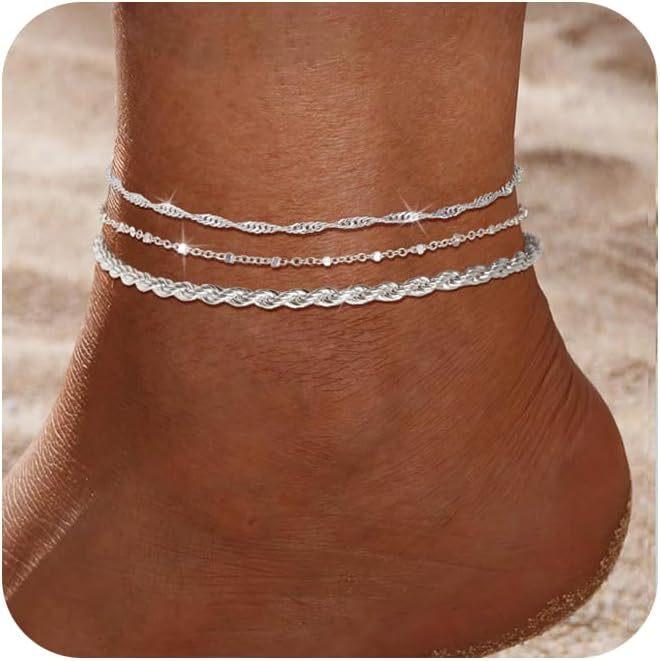Braccialetti Cavigliera in Argento Sterling 925 per Donna Impermeabili Sottili Stratificati Catene Caviglia Cavo Intrecciato Perline Set di Cavigliere da Spiaggia