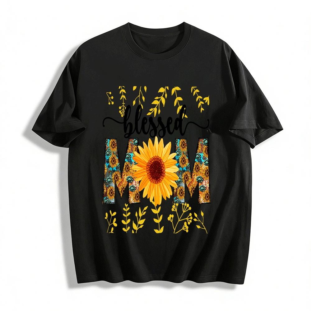Vintage Sunflower Blessed Mom Print Casual Top For Women Pure cotton T-shirt XXS