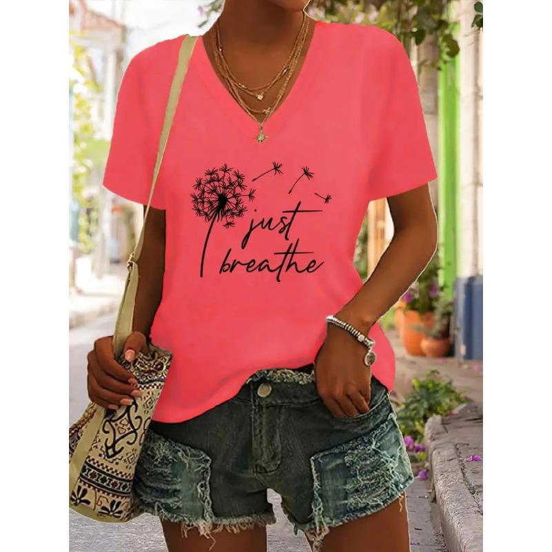 Summer V-neck 3D Dandelion Dragonfly Pattern Printed Top Fashionable Casual Short Sleeved Women's T-shirts