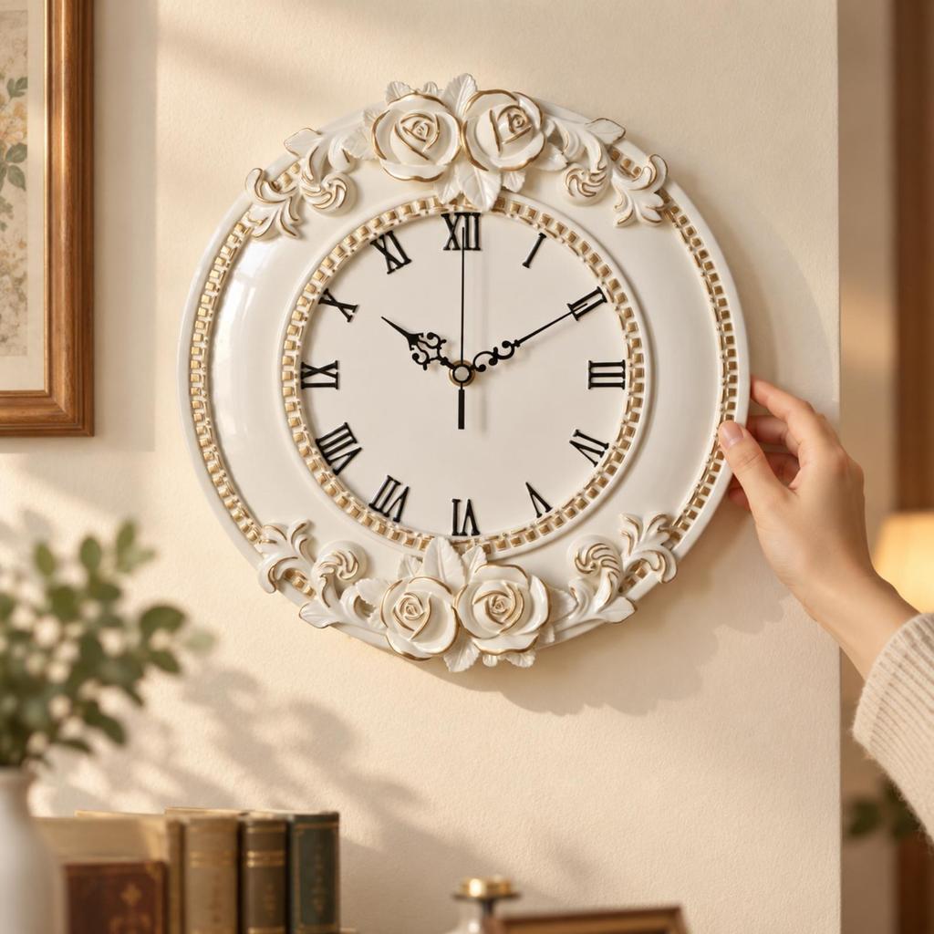 12Inch WallMounted Analog Clock Quiet Decorative Wall with Floral Frame NonTicking Timepiece