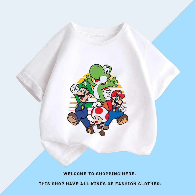 2026 Super Mario and Luigi Anime Childrens Cotton Shortsleeved Tshirt Cartoon Game Trendy Top for Boys Casual Short Sleeves