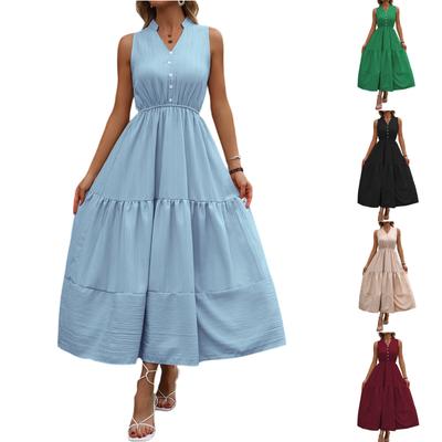 Women's Casual And Fashionable Solid Color V-Neck Button Sleeveless Long Dress Long Dress
