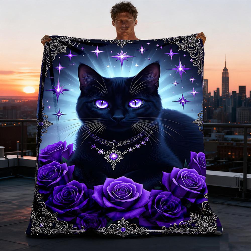 1pc Purple Rose Cat Outdoor Flannel Blanket , Machine Washable Perfect Gift for Birthday , Holiday Travel Accessory , Durable Material