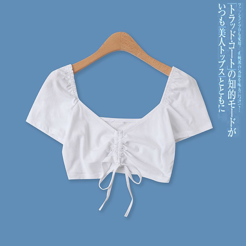 

Navel Cotton T-shirt Summer New Foreign Trade Women clothes Age-Reducing Versatile Square Collar Pleating Lace-up Slimming Short sleeve Top 14610 White XS