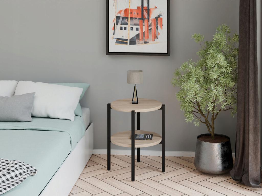 Stolik Nocny Okrągły Loft Z Półką 35X35X46 Cm Metalowy Czarny