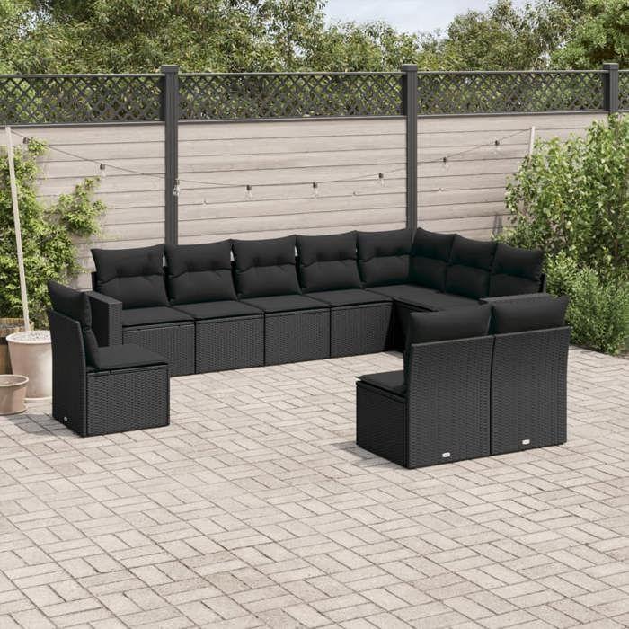 VidaXL Salon de jardin 10 pcs avec coussins noir résine tressée 3251442