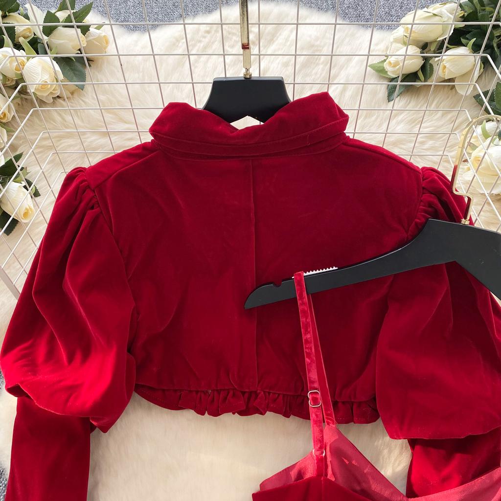Red Sweet New Year Two Piece Set Women French Puff Sleeve Bow Short Coat + Velvet Suspender Bud Dress Suit Japanese Kawaii Ruched Design Sets