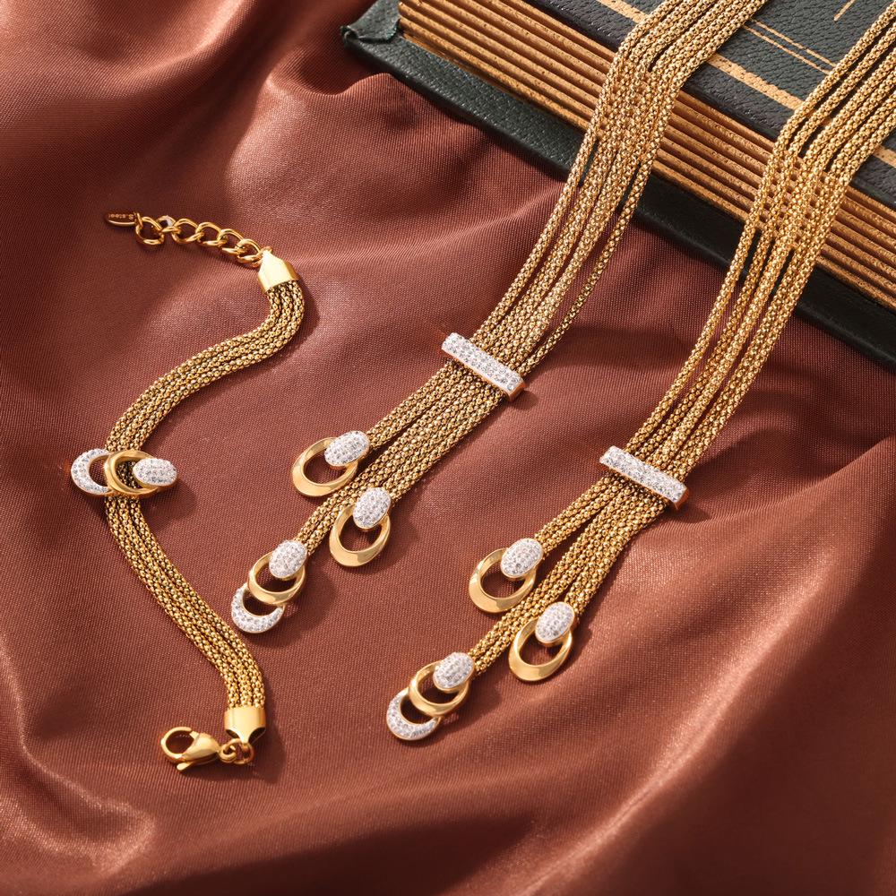Korean Vintage U-Shaped Rhinestone Tassel Necklace Set - 18k Gold Plated Titanium Steel