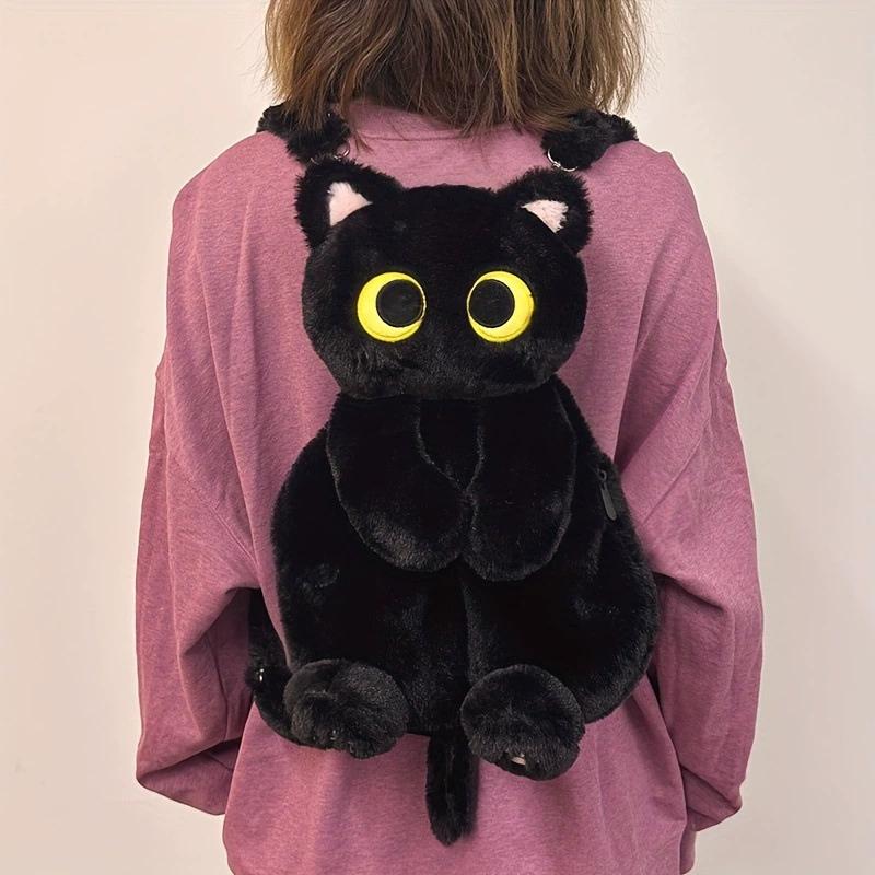 33cm Kawaii Große Augen Katze Plüschtier Schwarzer Rucksack Niedliche Große Kapazität Stofftier Tasche Jungen Mädchen Frauen Weiches Spielzeug Rucksack Geschenk