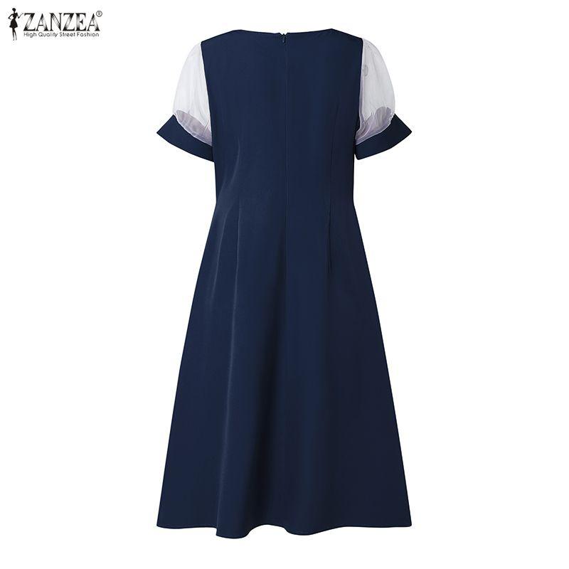 ZANZEA Women Casual Round Neck Mesh Splice Short Sleeve Summer Dress