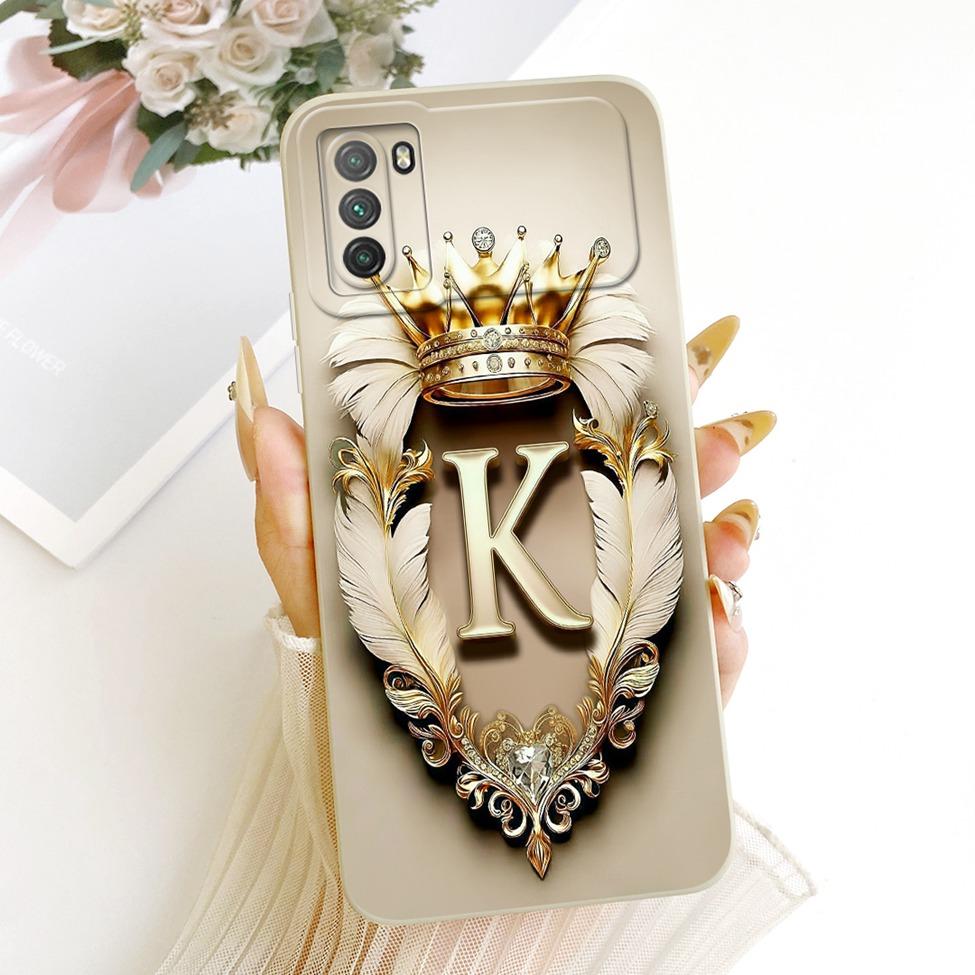 For Xiaomi Poco M3 Case Cover Luxury A-Z Letters Fashion Crown 2D Painted Bumper For PocoM3 M2010J19CG M2010J19CI Casing