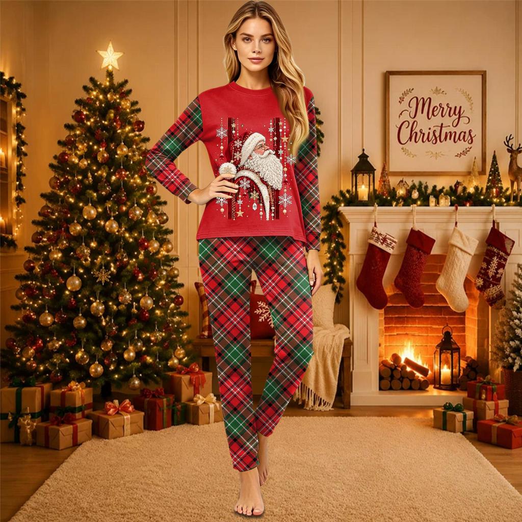 Christmas-print long-sleeve and long-pant matching family loungewear set