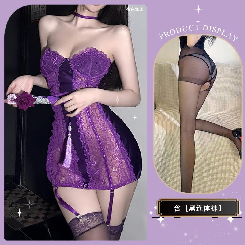 Runaway Lace Splicing Sexy Onesie Gathering Chest Wrapping Perspective Pure Desire Nightdress Sexy Underwear Hot Woman