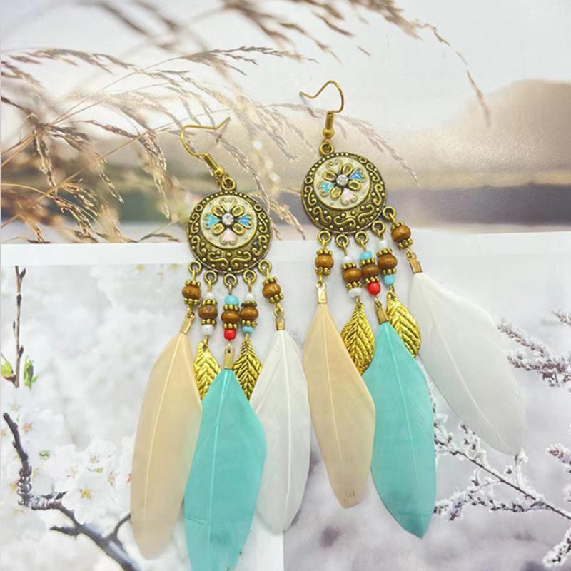 Bohemia Retro Ethnic Style Heart Feather Drop Dangle Earrings for Women Personality Royal Court Enamel Jewelry Accessories Gift