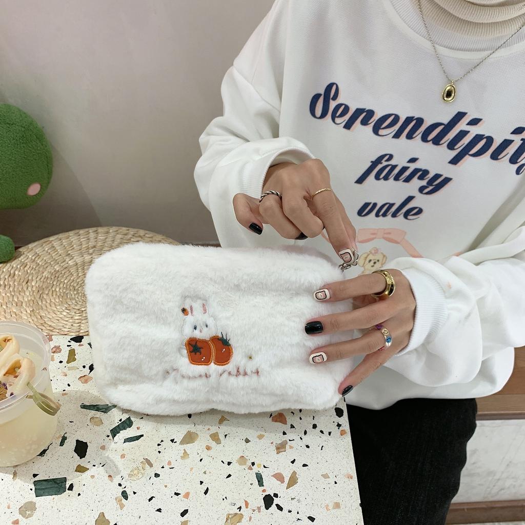 Cute Womens Bunny Embroidered Makeup Bag With Floral Design Portable Travel Bag