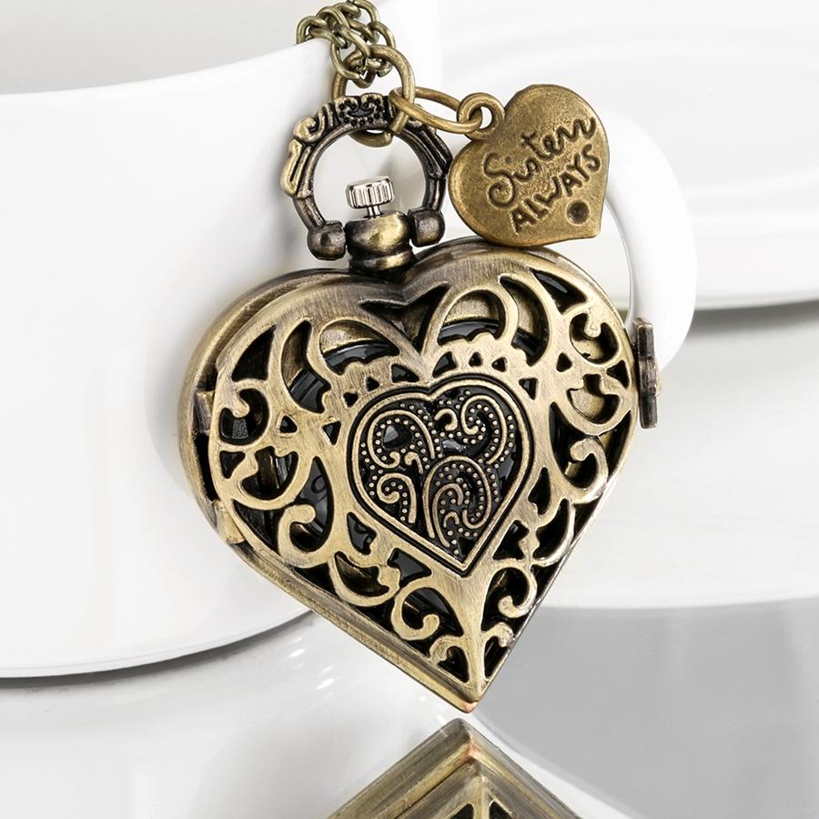 Romantic Heart Shape Quartz Pocket Watch Bronze/Silver/Black Necklace Pendant Chain Ladies Watch Souvenir Gifts for Girls Women