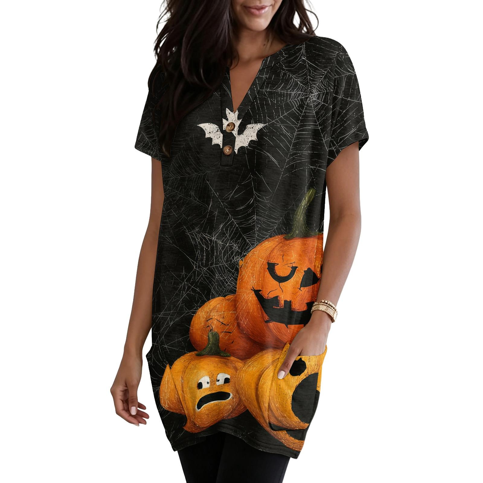 Women s V-Neck Halloween Print Short Sleeve T-Shirt with Pocket L