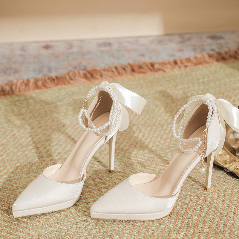 

2025 French Satin Apricot Stiletto Heels with Bow and Pearl Straps 35