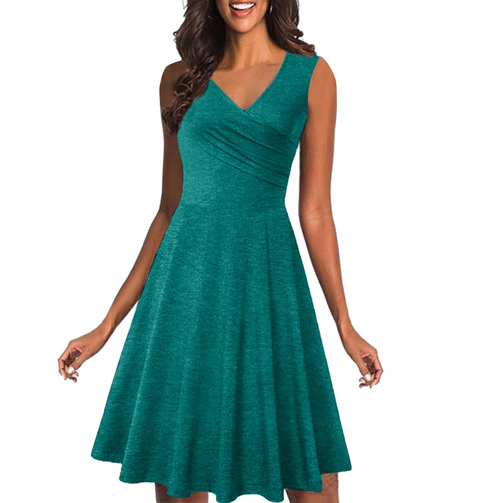 

Модное женское летнее повседневное элегантное платье средней длины без рукавов с v-образным вырезом XXL зелёный