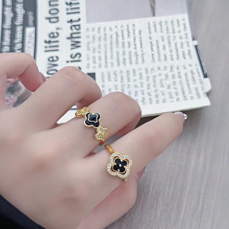 Niche High-End Zircon Enamel Dripping Oil Dark Four-Leaf Clover Open Ring, Female Delicate Personality Stacked Index Finger Ring