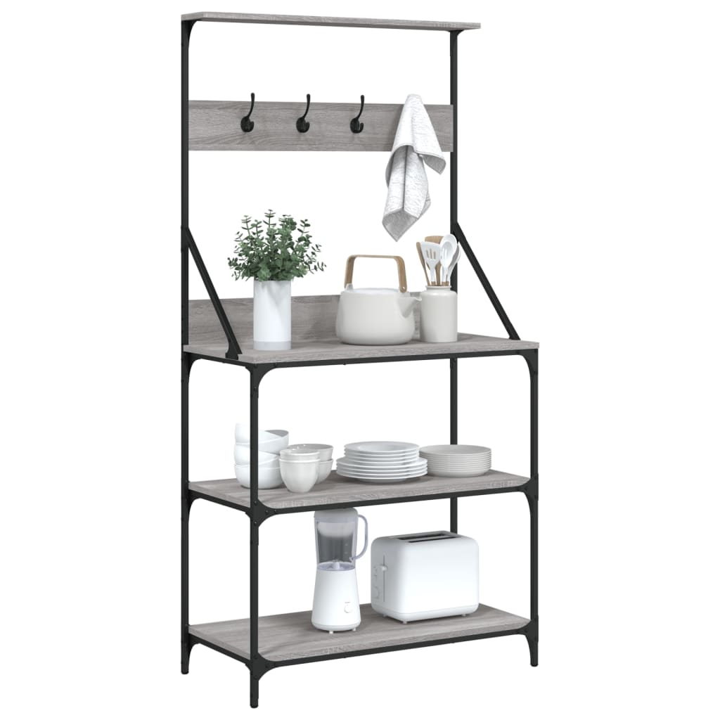 Vidaxl Kitchen Shelf with Hooks, 4-Tier, Grey Sonoma Oak