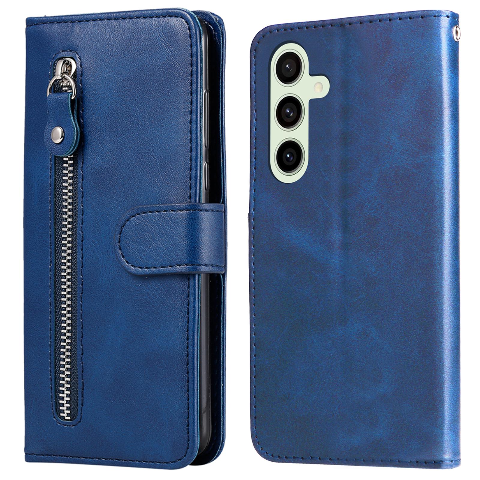 

For Samsung Galaxy S24 FE Case PU Leather Stand Phone Cover with Zipper Pocket Blue