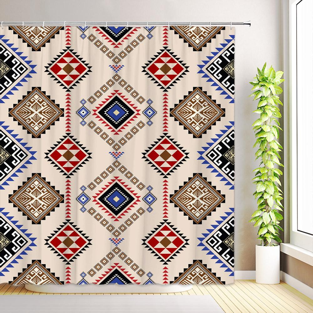 Western Aztec Shower Curtain Boho Aesthetic Abstract Geometric Cactus Longhorn Skullhead Floral Plant Bathroom Decor with Hooks