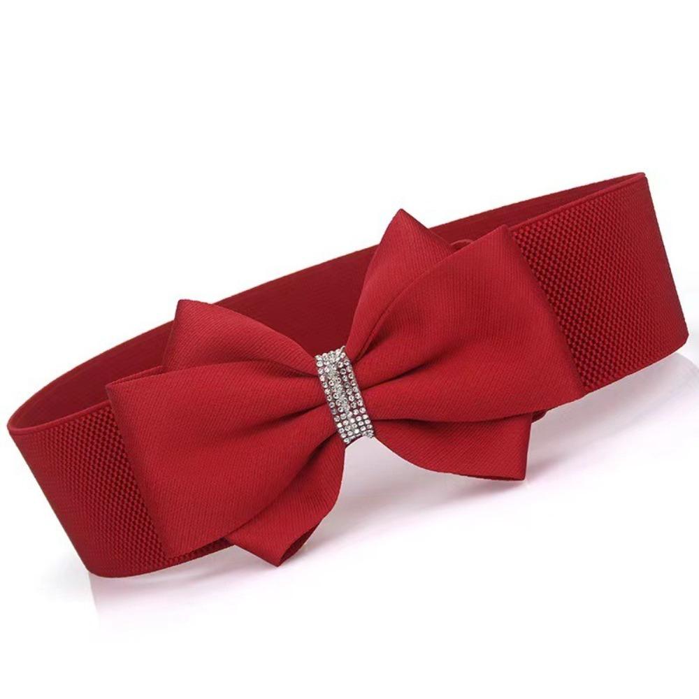 Adjustable Buckle Elastic Bow Belt Solid Color Rhinestone Stretch Belt Dress Coat Accessories