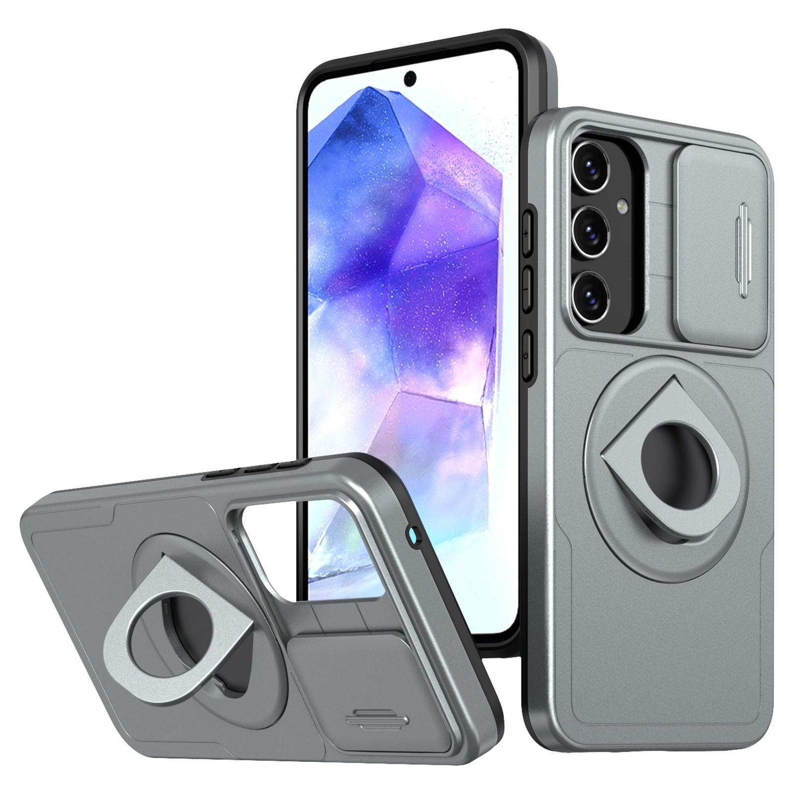 

For Samsung Galaxy A55 5G Case Magnetic Kickstand TPU+PC Phone Cover with Slide Lens Lid Grey