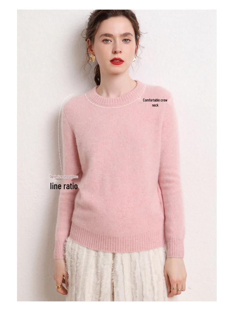 Women's Thickened Cashmere Sweater: Double-Strand Loose Short Knit, Round Neck, Warm Base Layer, Regular Shoulder.